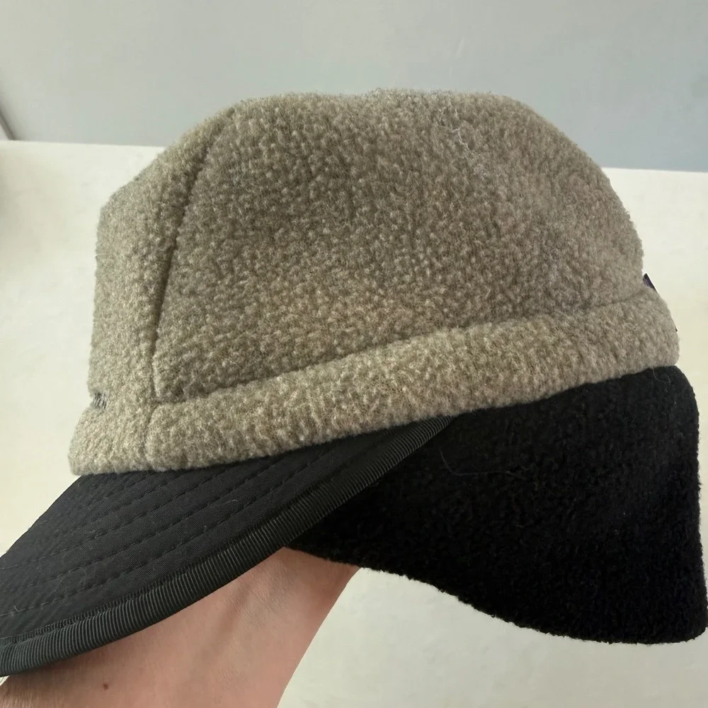 Vtg Patagonia Synchilla Duckbill Cap Size M Tan Black Neck Flap 5 Panel Hat Gorp